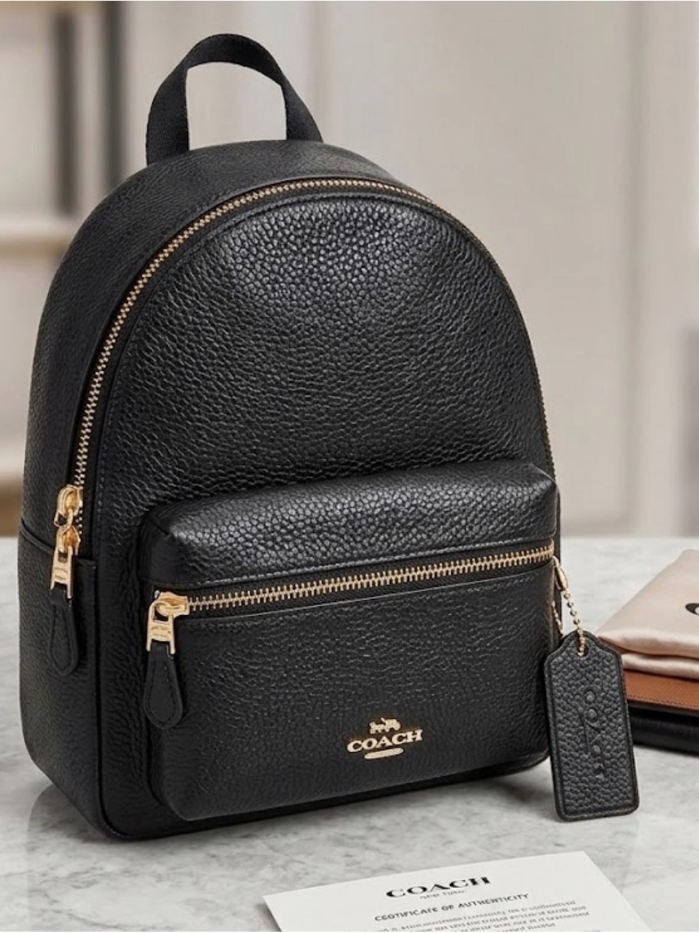 Coach Mini Charlie Backpack in Black Pebbled Leather and Gold Hardware